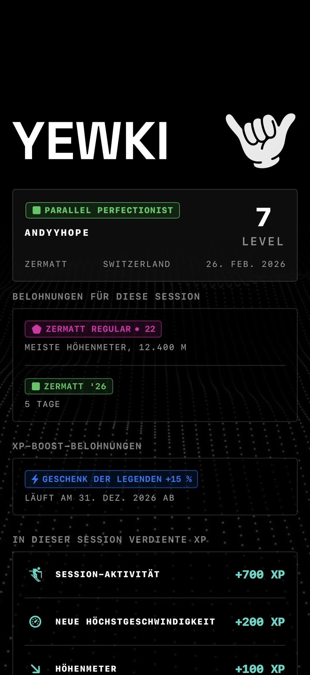 Der XP-Bericht von Yewki nach der Session: Er zeigt die gesammelten XP und den Level-Fortschritt nach einem Tag am Berg.