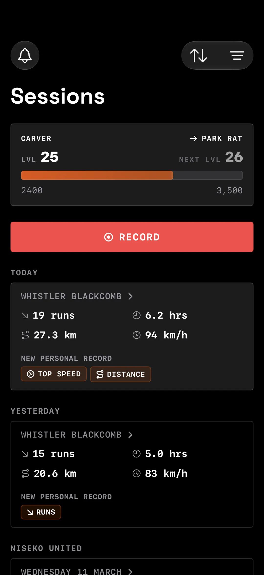 A screen showing all the days recorded for a skiier or snowboarder with top-level statistics