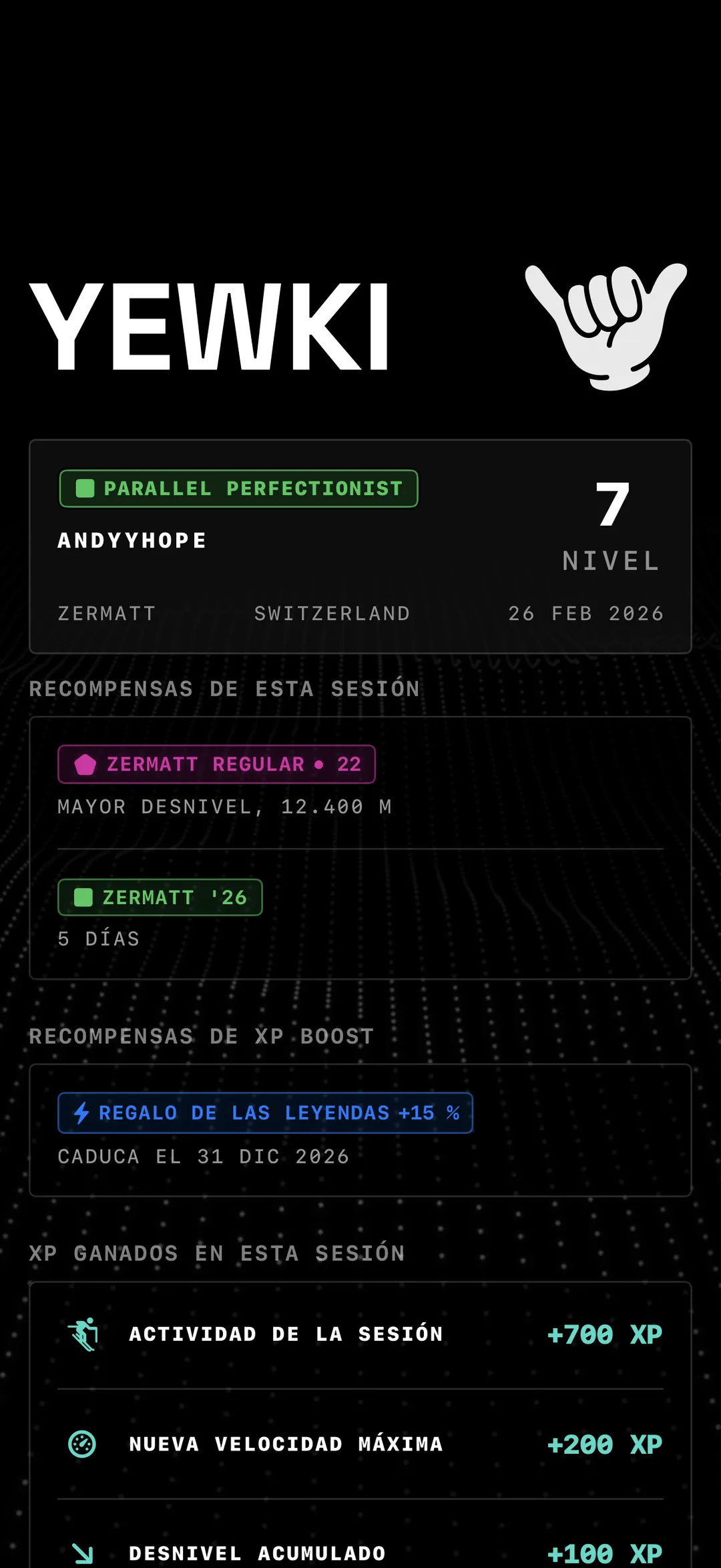 Informe de XP de Yewki tras la sesión, con los XP ganados y el progreso de nivel después de un día en la montaña.