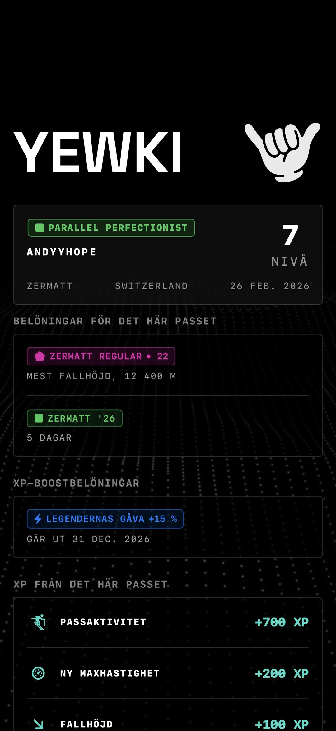 XP-rapporten i Yewki när passet är slut, med intjänad XP och hur långt du har kommit mot nästa nivå efter en dag på berget.