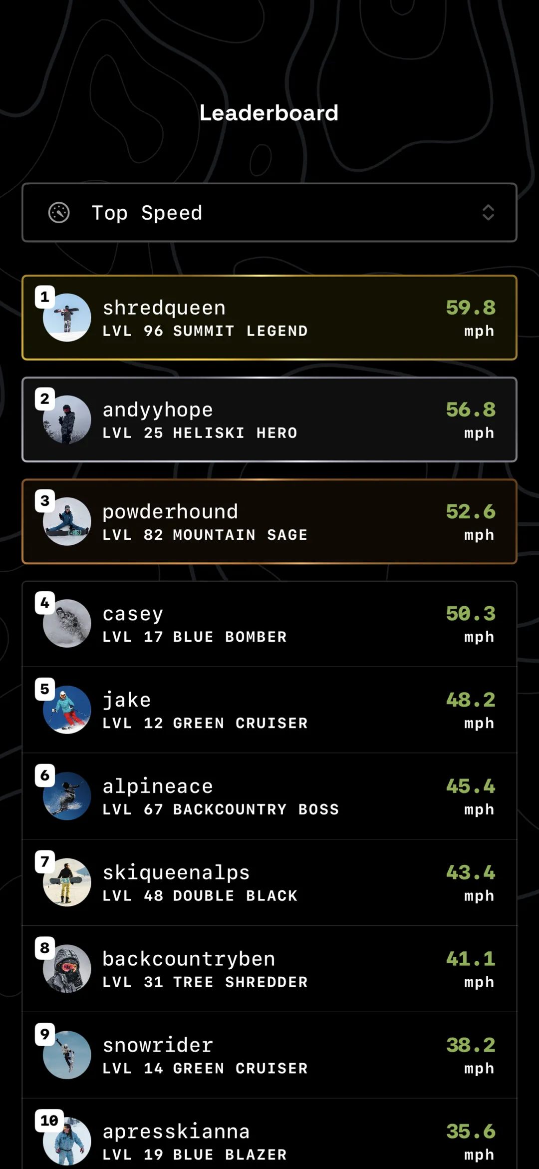 A screen showing the leaderboard of users on a trip based on a particular statistic