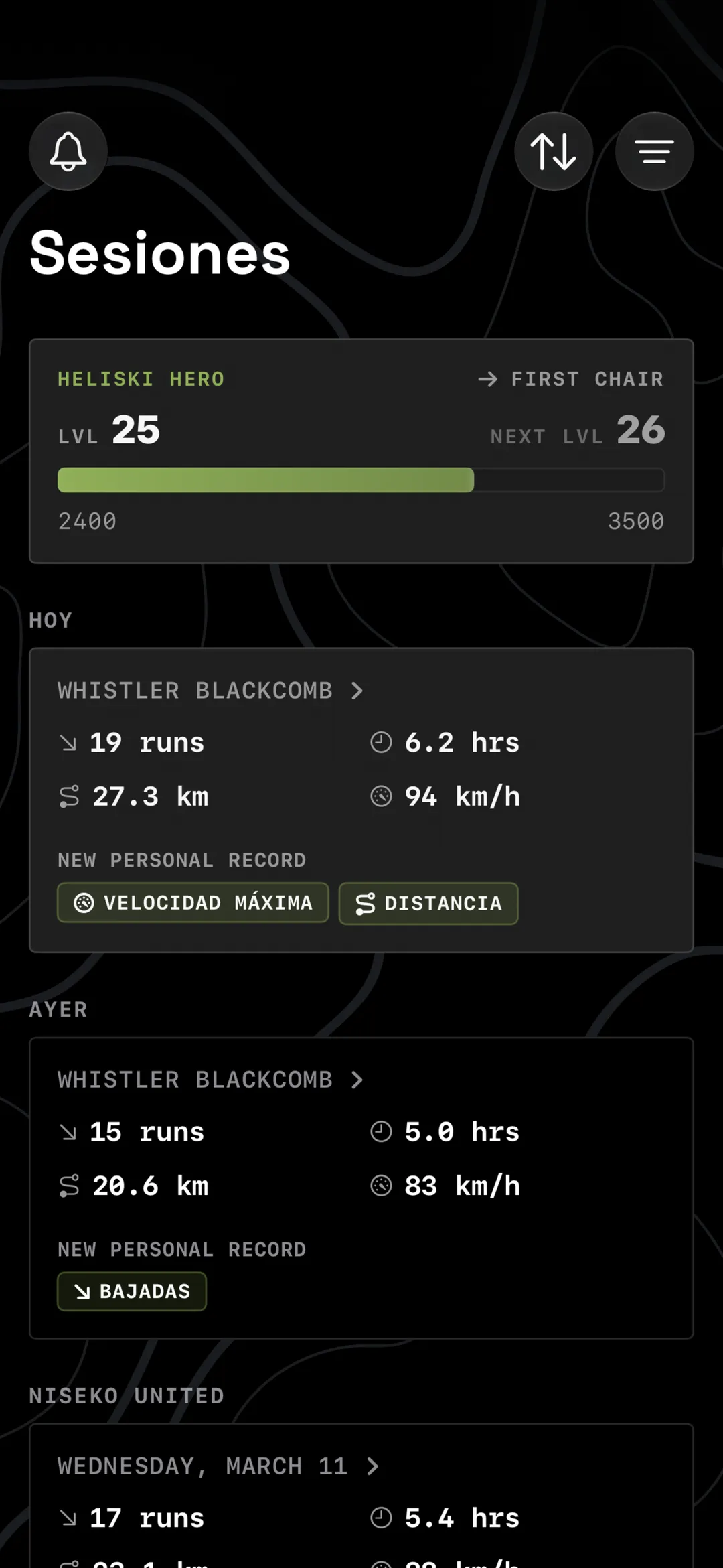 A screen showing all the days recorded for a skiier or snowboarder with top-level statistics