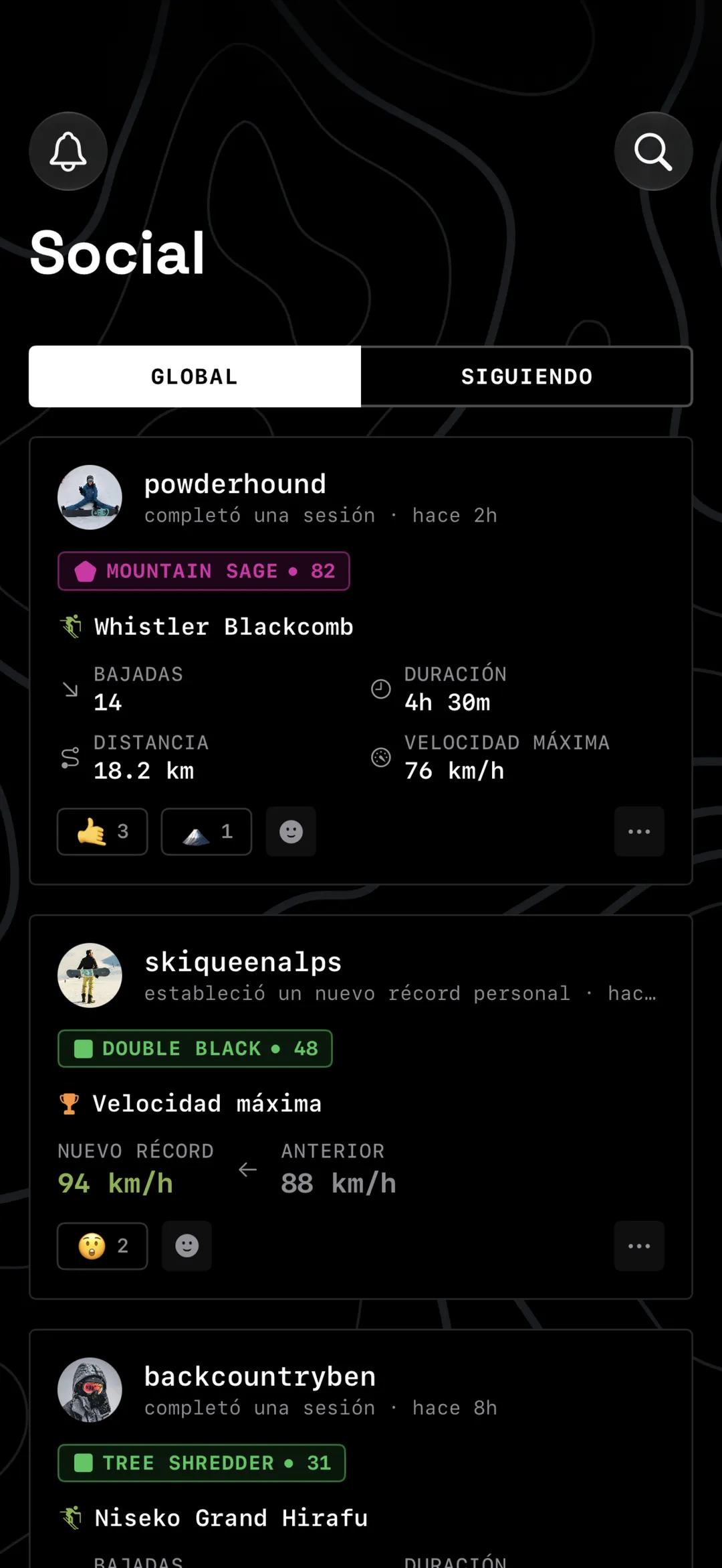 A screen showing the global feed list of all the users in the world sharing their recorded day and top leve statistics