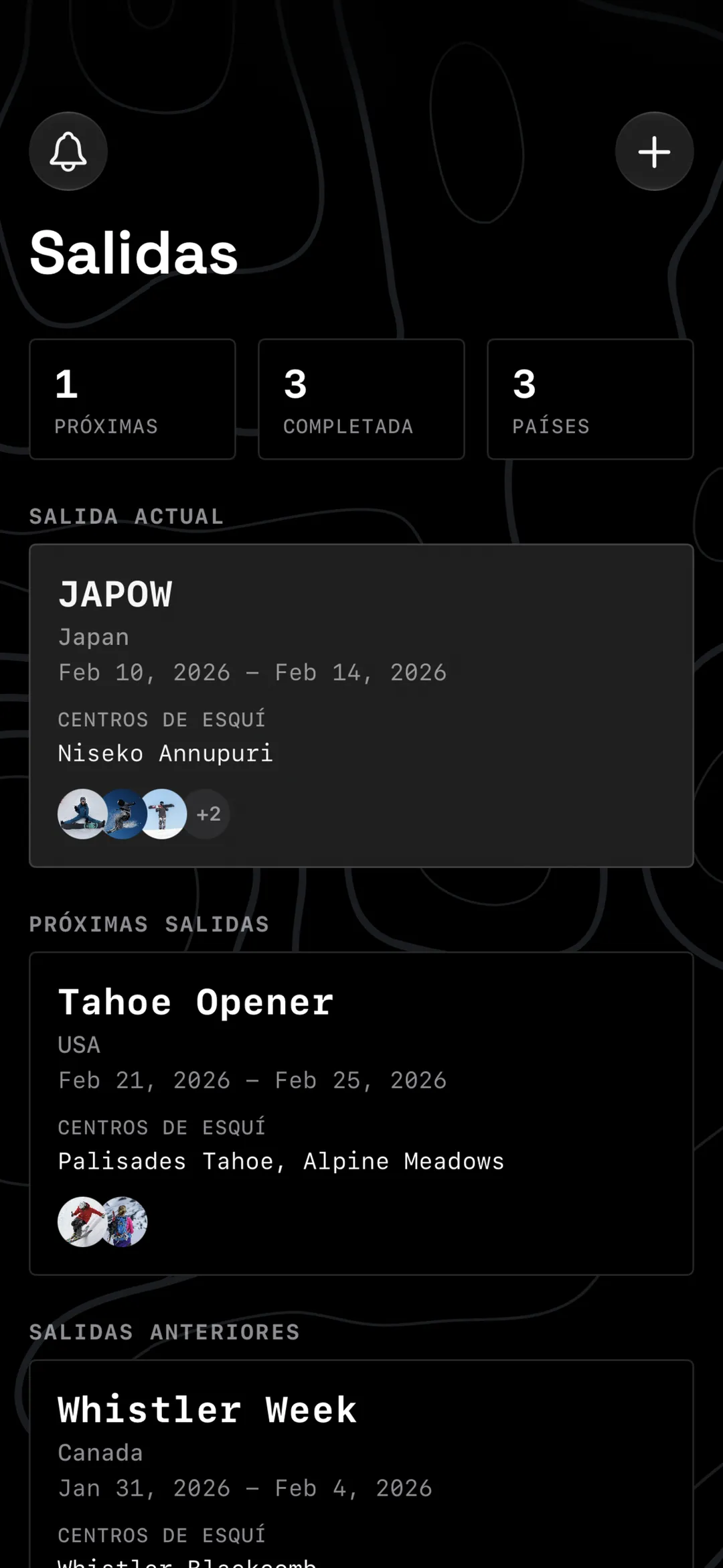 A screen showing all the trips current, past and present with avatars of invitees for that trip