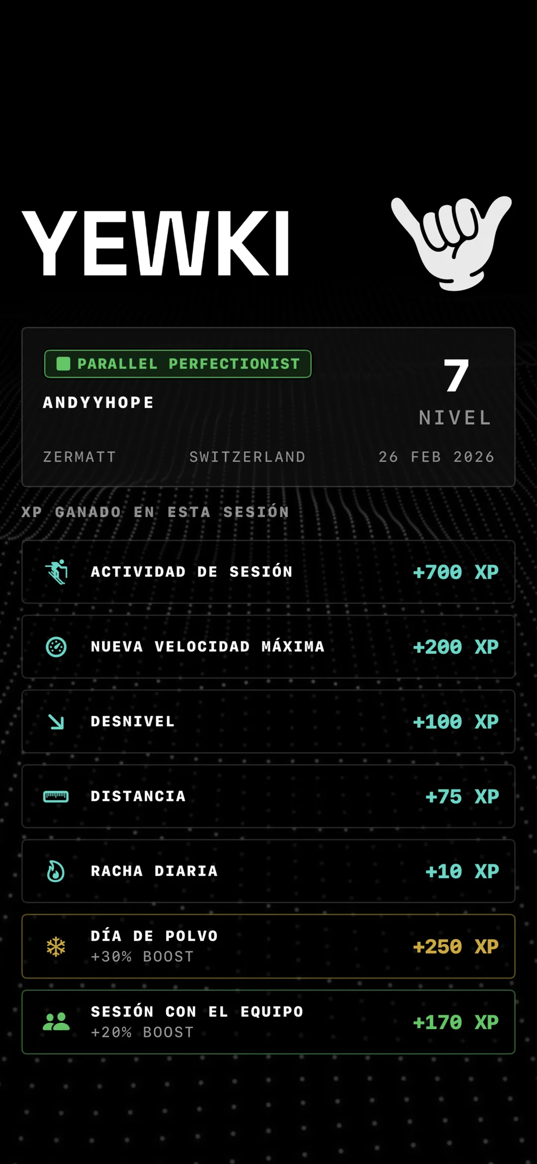 A screen showing the XP summary after a ski or snowboard session has finished recording