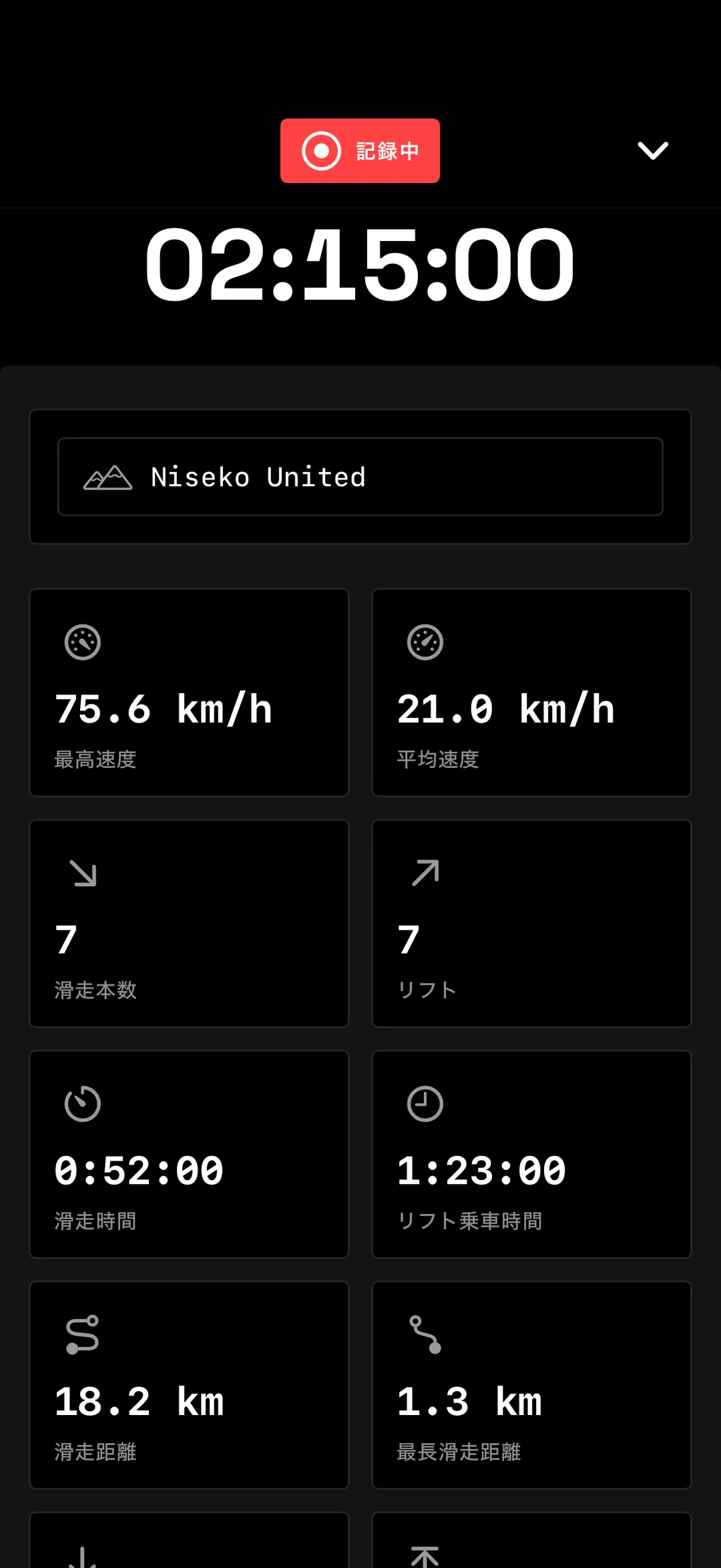 セッションをリアルタイムで記録中のYewki。セロ・カテドラルで滑ったときに記録できる滑走データの例です。