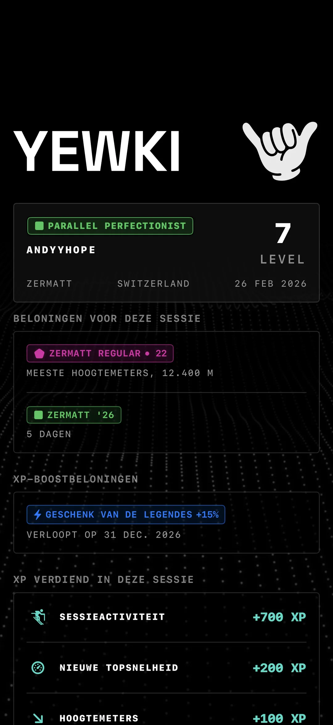 Het XP-rapport van Yewki na een sessie, met de verdiende XP en je levelvoortgang na een dag op de berg.